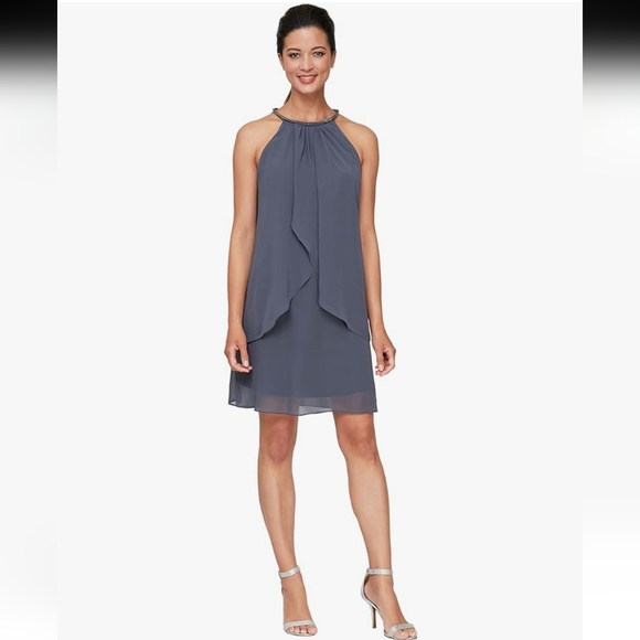 SLNY S.L. Fashions Solid Chiffon Split Front Halter Dress, Steel Grey, 8P Petite - Picture 15 of 15